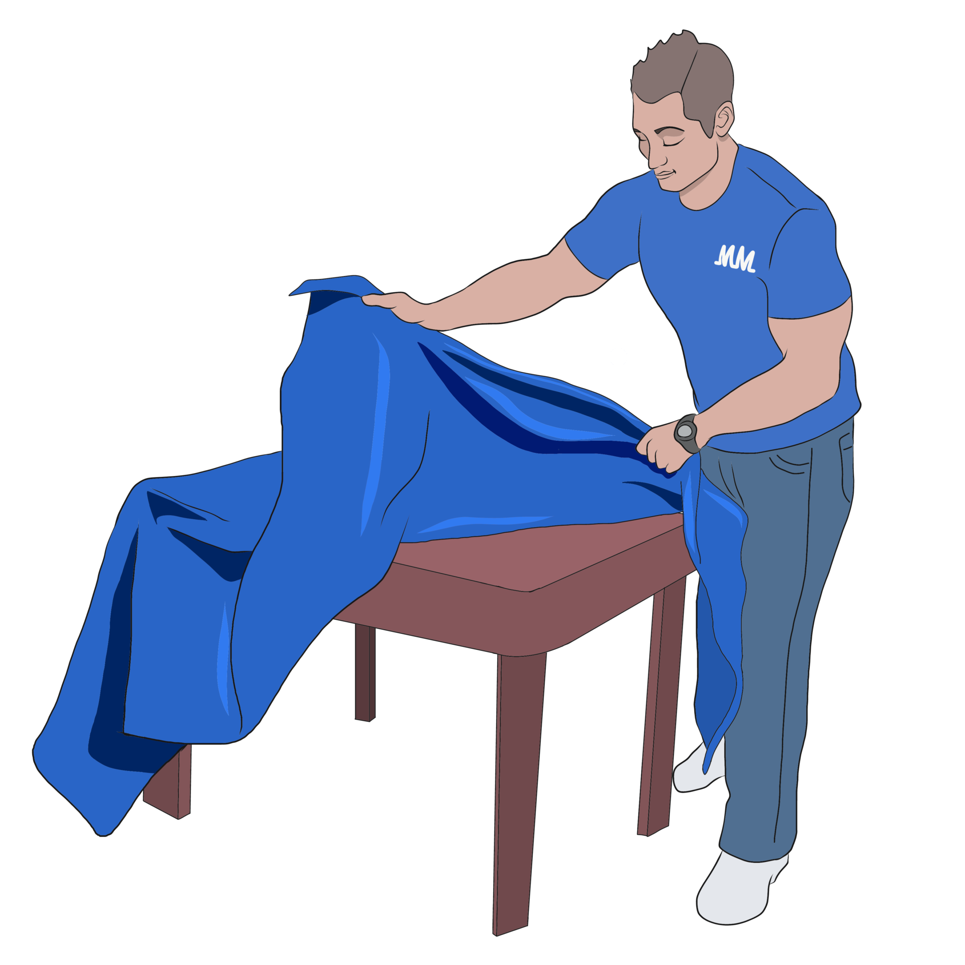 A mover wrapping a table in cloth