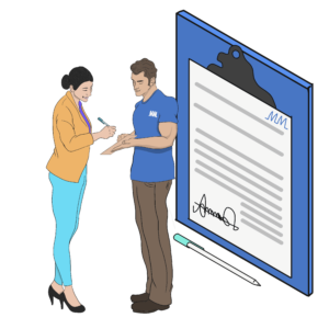 a woman and a man talking