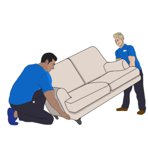 movers carrying a couch after moving from Toronto to London Ontario